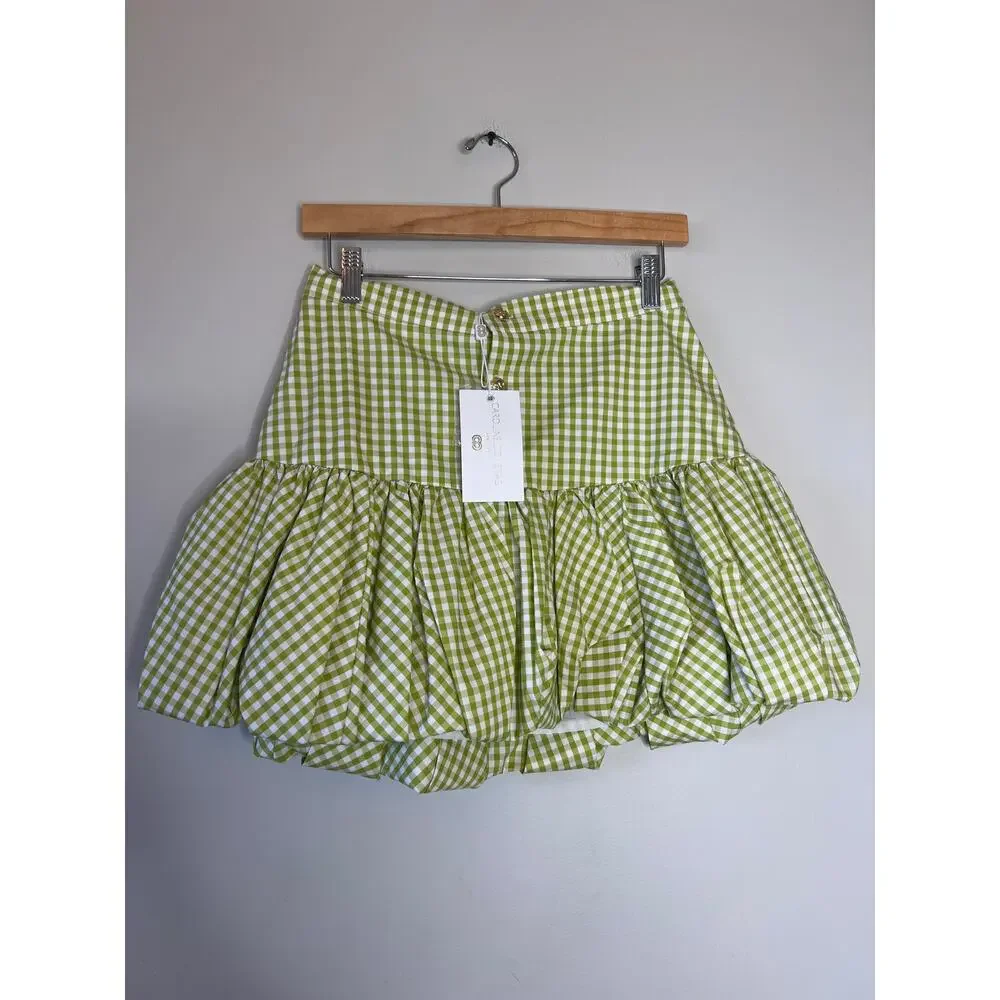NWT Caroline Constas Lightweight Bubble Hem Mini Skirt Pistachio Gingham Size: S